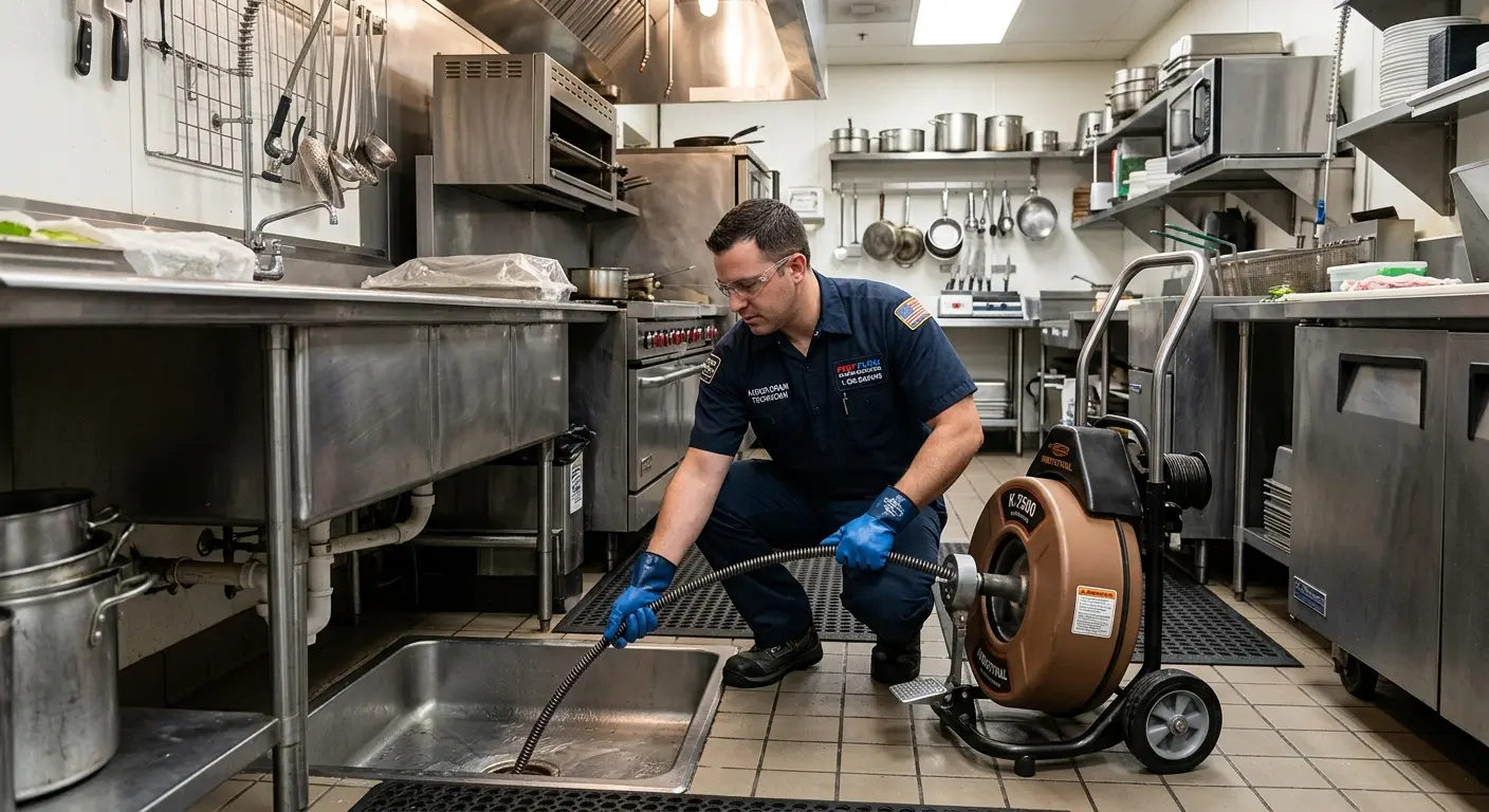 Commercial drain cleaning service in a restaurant kitchen in Hampden